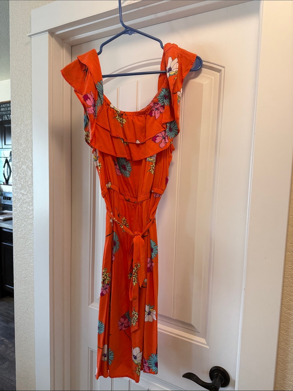 a.n.a Orange Floral Midi Dress with Ruffle Neckline